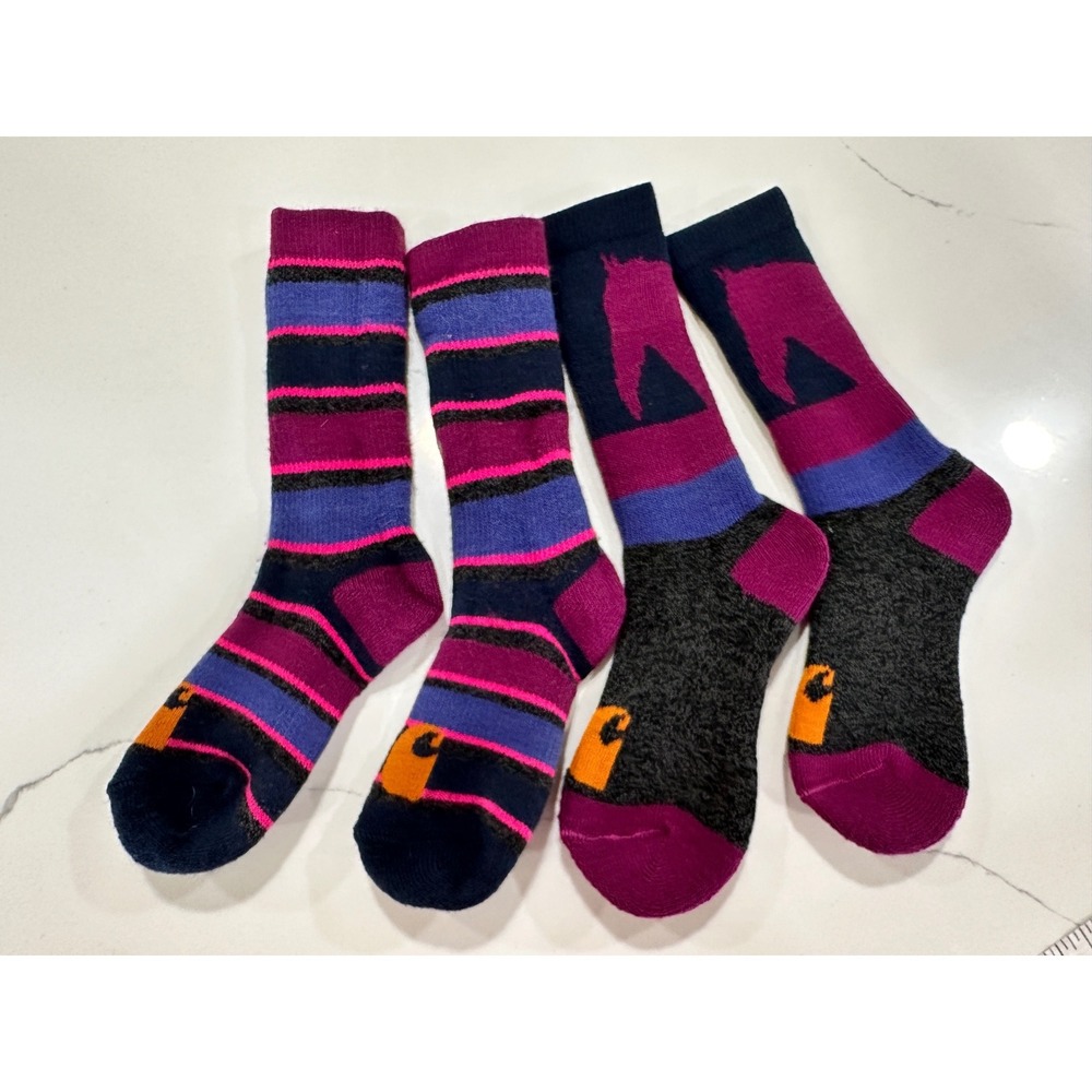 Carhartt Womens Crew Socks 2 Pair Bundle Striped and Horse Graphic Purple Blue